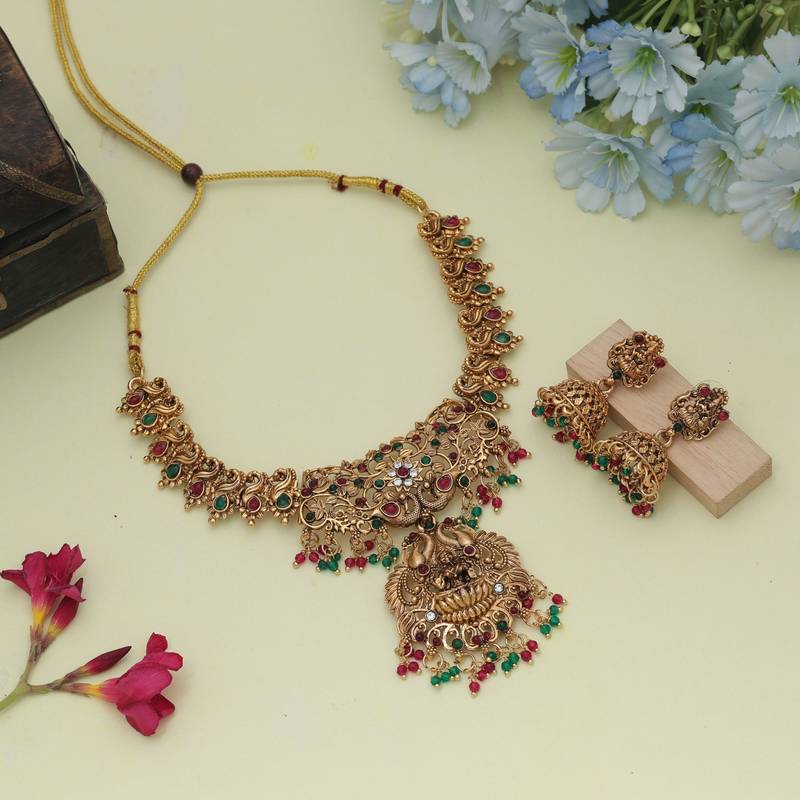 Elegant rani & green color lord laxmi temple necklace set ethnic jewelry
