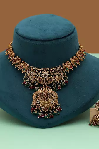 Elegant rani & green color lord laxmi temple necklace set ethnic jewelry