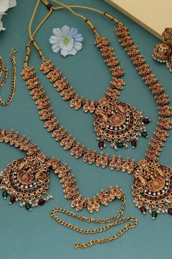 Stylish maroon & green color lord laxmi long temple necklace set bridal design