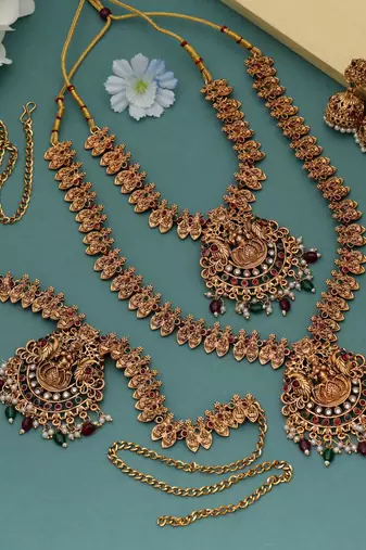 Stylish maroon & green color lord laxmi long temple necklace set bridal design