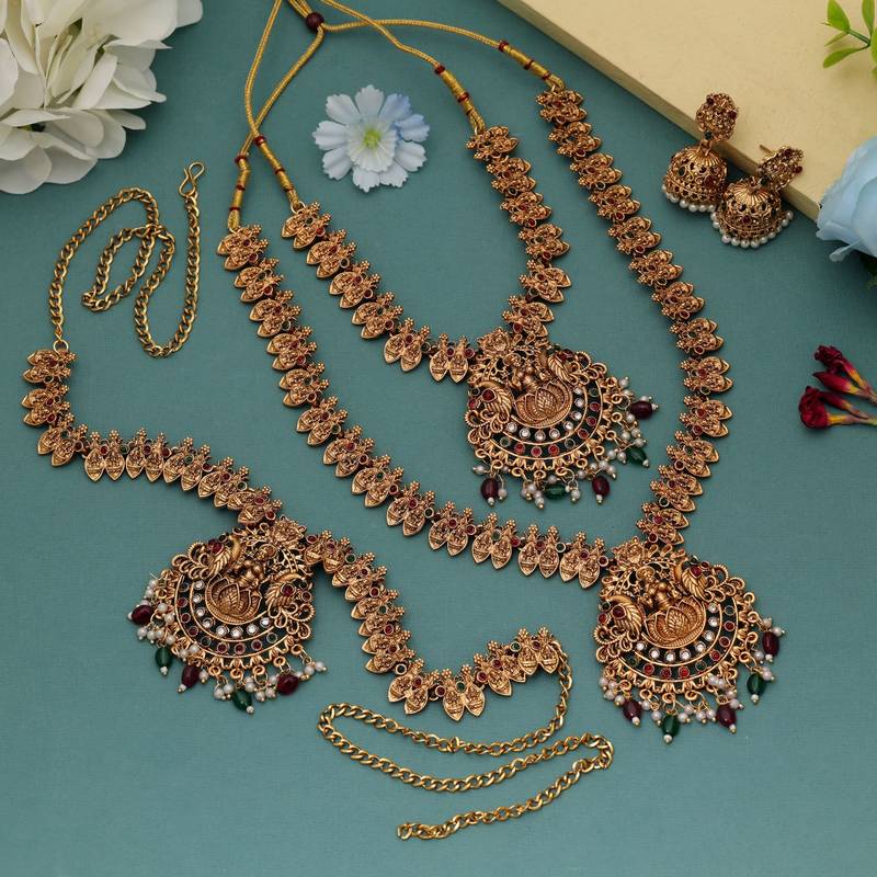 Stylish maroon & green color lord laxmi long temple necklace set bridal design