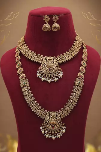 Royal maroon & green color lord laxmi long temple necklace set collection