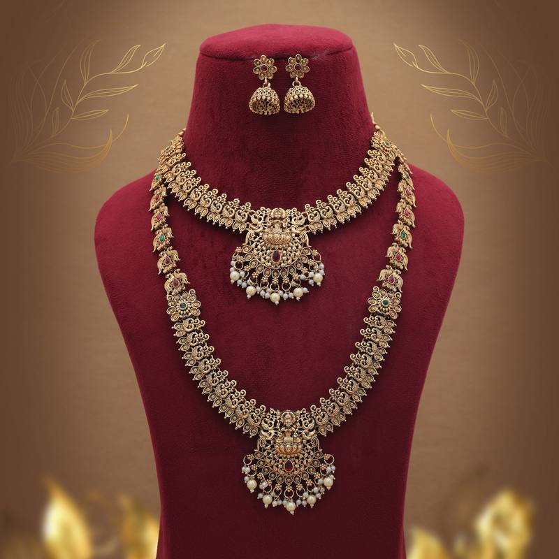 Royal maroon & green color lord laxmi long temple necklace set collection