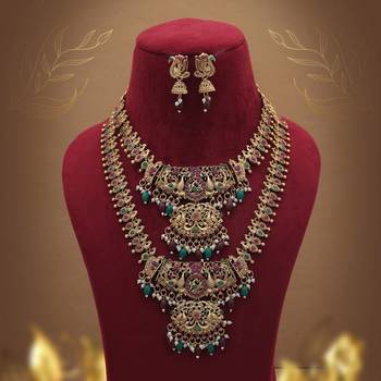 Antique maroon & green color lord laxmi long temple necklace set artwork 1