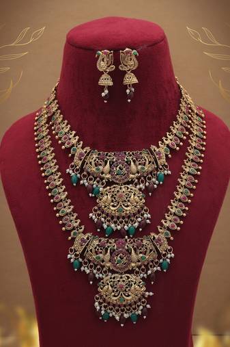 Antique maroon & green color lord laxmi long temple necklace set artwork