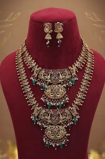Antique maroon & green color lord laxmi long temple necklace set artwork