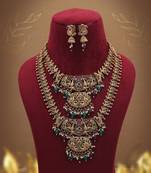 Antique maroon & green color lord laxmi long temple necklace set artwork