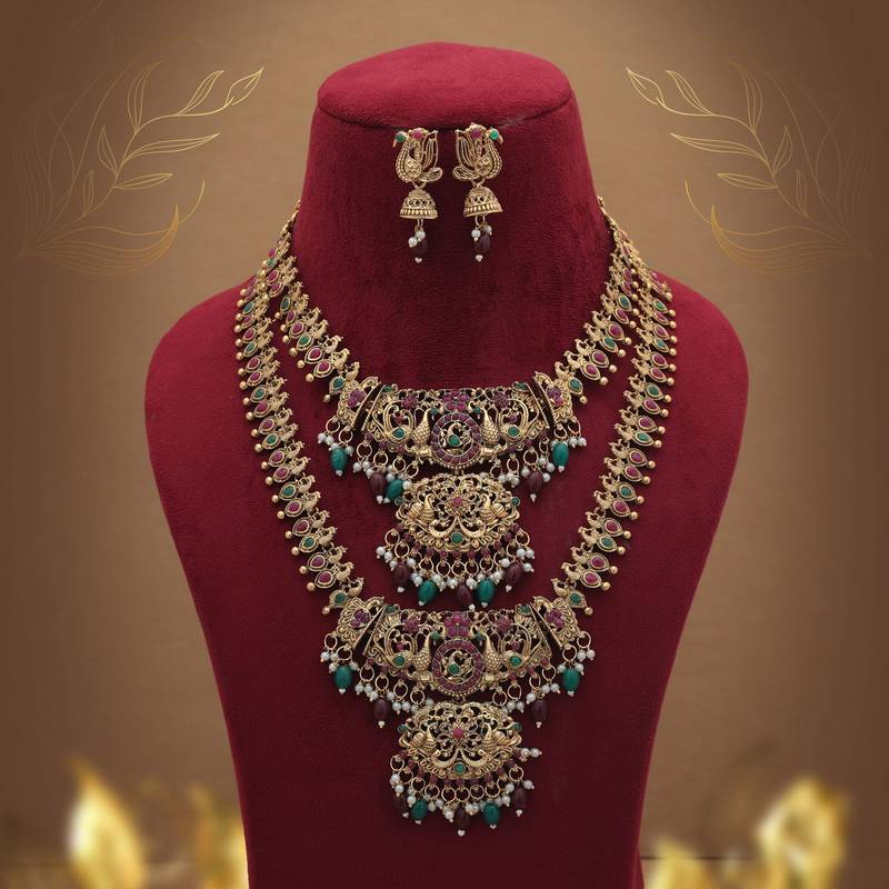 Antique maroon & green color lord laxmi long temple necklace set artwork