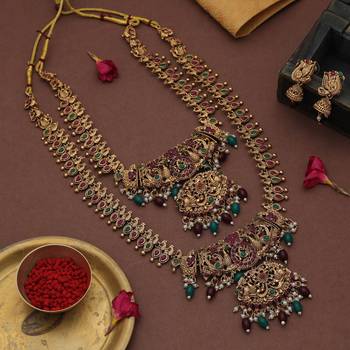 Antique maroon & green color lord laxmi long temple necklace set artwork 2