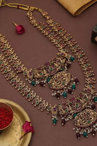Antique maroon & green color lord laxmi long temple necklace set artwork