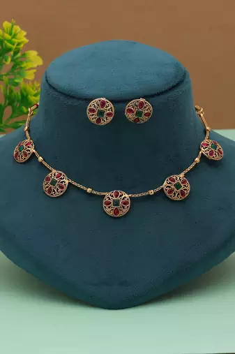 Stylish rani & green color gold plated necklace set bridal jewelry collection