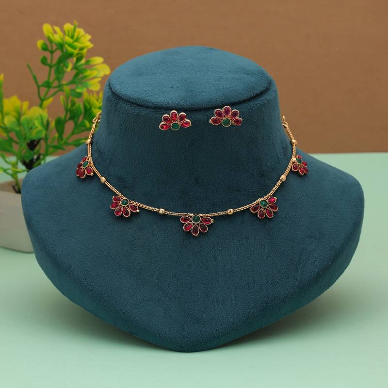 Graceful rani & green color gold plated necklace set elegant ethnic design