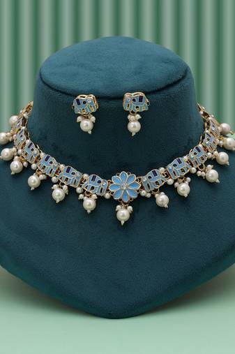 Elegant sky blue color meenakari necklace set with traditional artistic finish