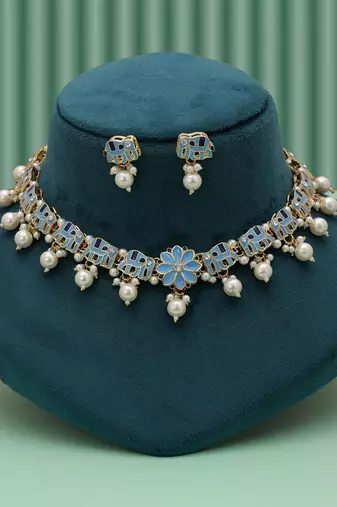 Elegant sky blue color meenakari necklace set with traditional artistic finish