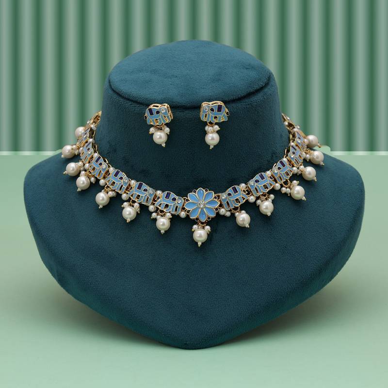 Elegant sky blue color meenakari necklace set with traditional artistic finish