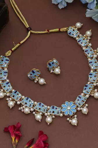 Elegant sky blue color meenakari necklace set with traditional artistic finish