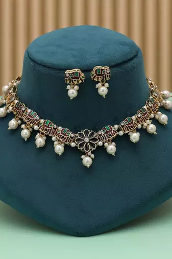 Royal maroon & green color meenakari necklace set for festive ethnic wear