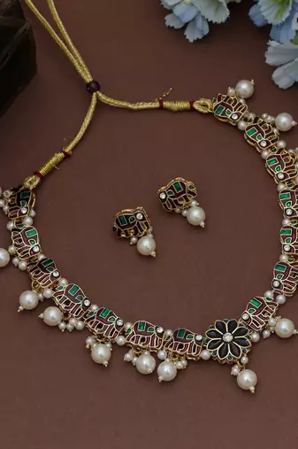 Royal maroon & green color meenakari necklace set for festive ethnic wear