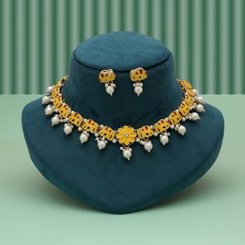 Stylish yellow color meenakari necklace set with traditional royal artwork design 1
