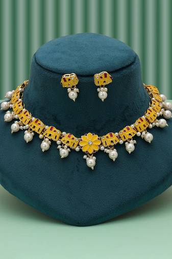 Stylish yellow color meenakari necklace set with traditional royal artwork design