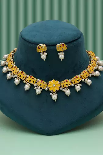 Stylish yellow color meenakari necklace set with traditional royal artwork design