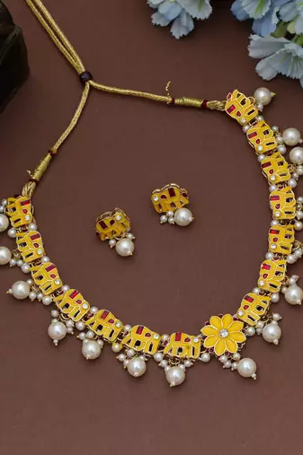 Stylish yellow color meenakari necklace set with traditional royal artwork design