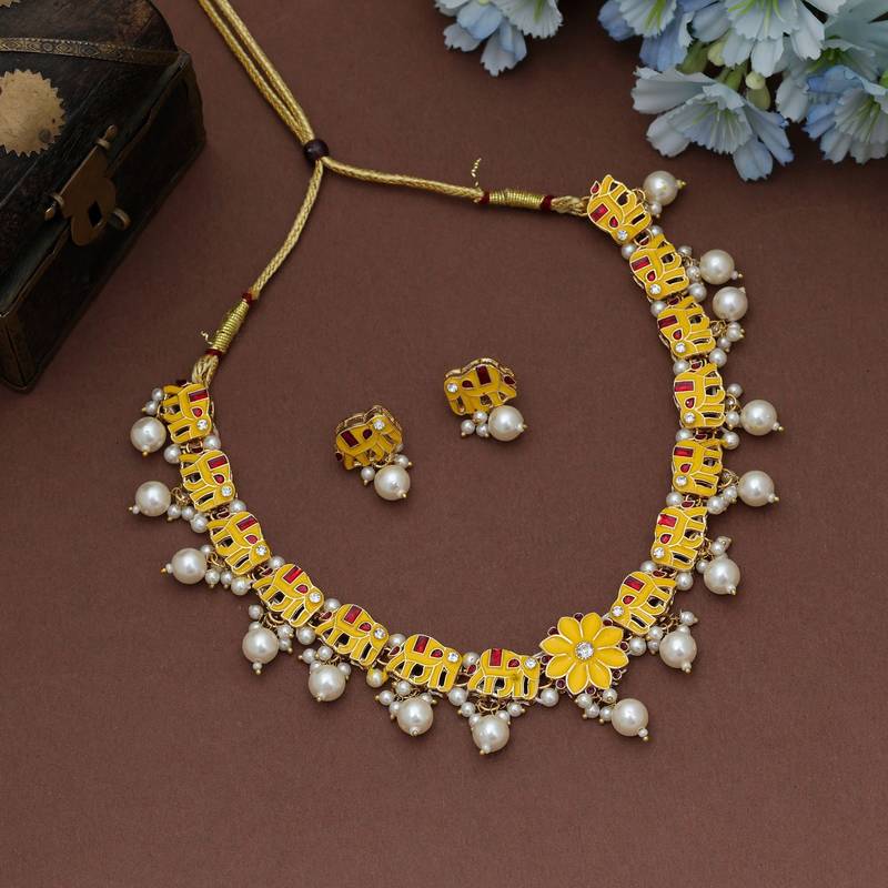 Stylish yellow color meenakari necklace set with traditional royal artwork design
