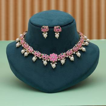 Graceful pink color meenakari necklace set elegant bridal party wear collection 1