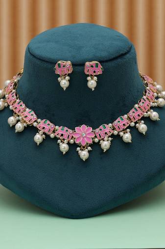 Graceful pink color meenakari necklace set elegant bridal party wear collection