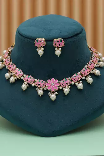 Graceful pink color meenakari necklace set elegant bridal party wear collection