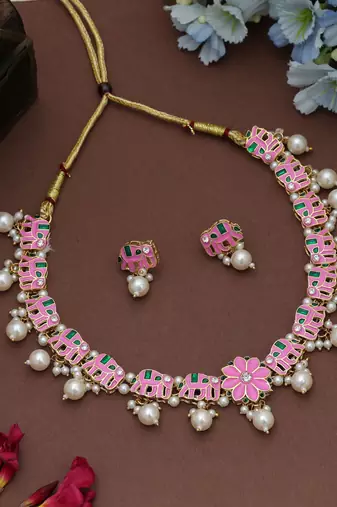 Graceful pink color meenakari necklace set elegant bridal party wear collection