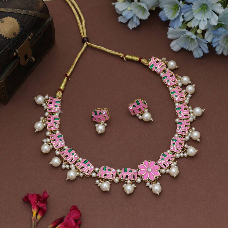 Graceful pink color meenakari necklace set elegant bridal party wear collection