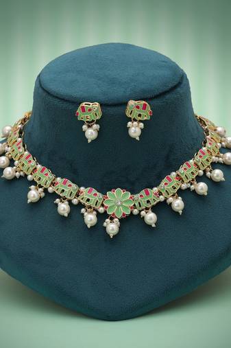 Premium pista green color meenakari necklace set traditional ethnic jewelry design