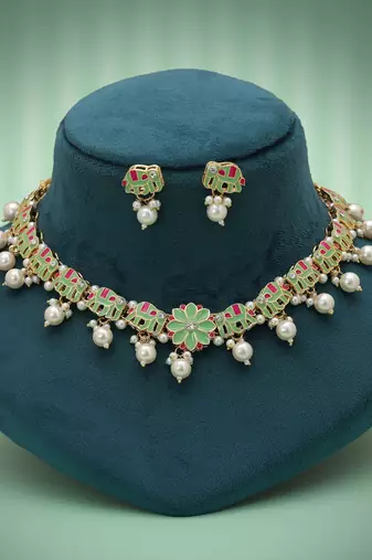 Premium pista green color meenakari necklace set traditional ethnic jewelry design