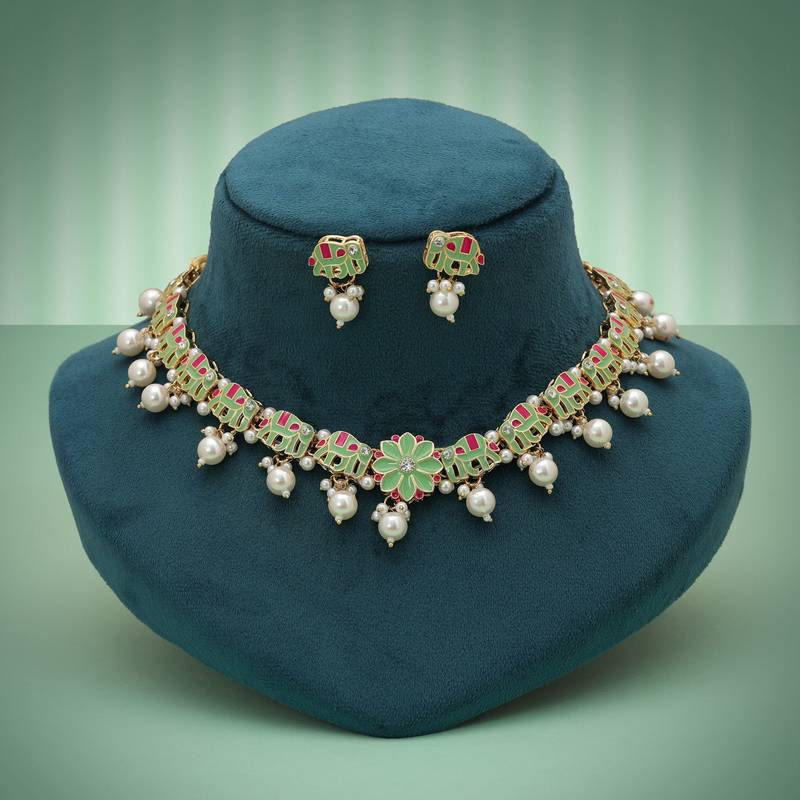 Premium pista green color meenakari necklace set traditional ethnic jewelry design