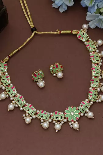 Premium pista green color meenakari necklace set traditional ethnic jewelry design