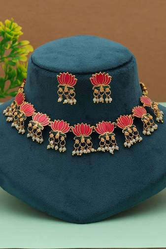 Designer rani & green color meenakari necklace set with antique artwork finish