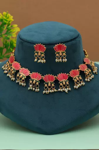 Designer rani & green color meenakari necklace set with antique artwork finish