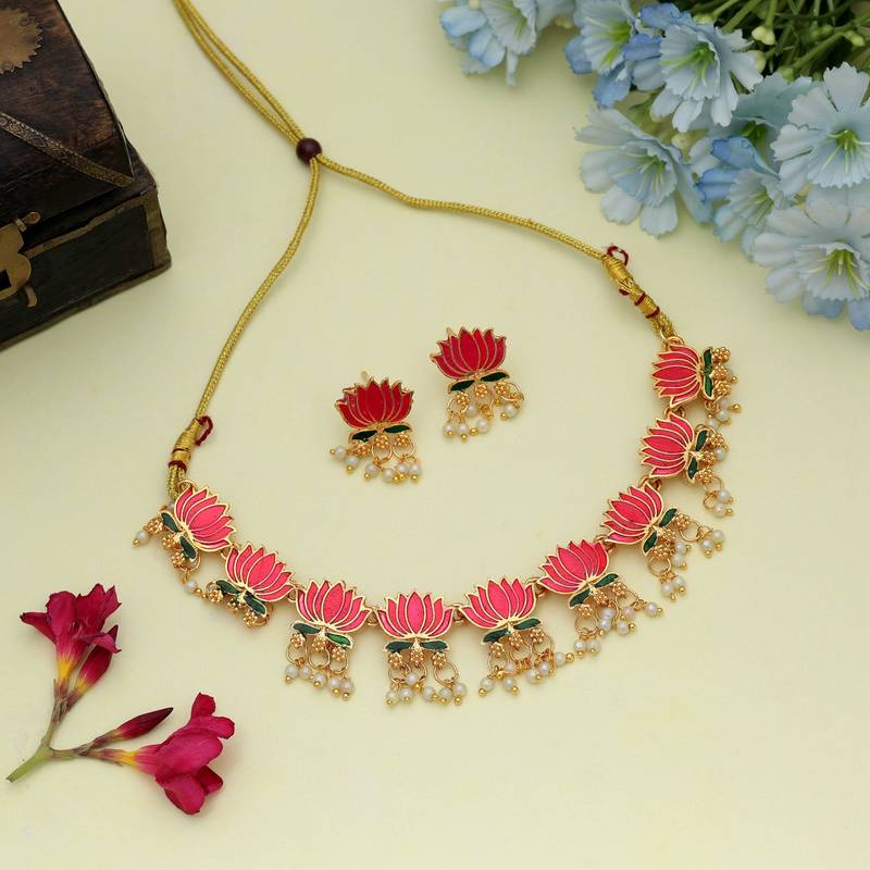 Designer rani & green color meenakari necklace set with antique artwork finish