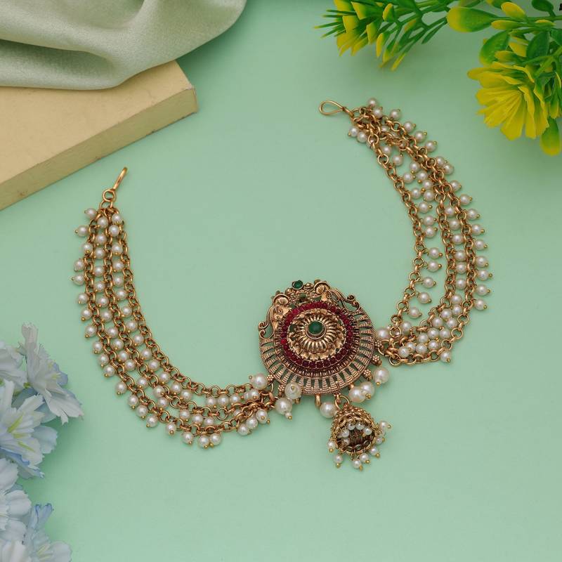 Elegant maroon & green color hair brooch traditional ethnic accessory for women