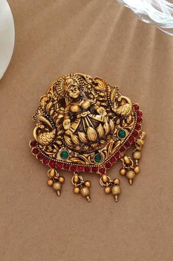 Stylish rani & green color temple hair barrette with antique artwork finish