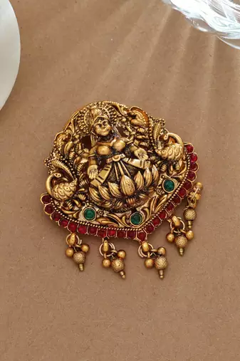 Stylish rani & green color temple hair barrette with antique artwork finish