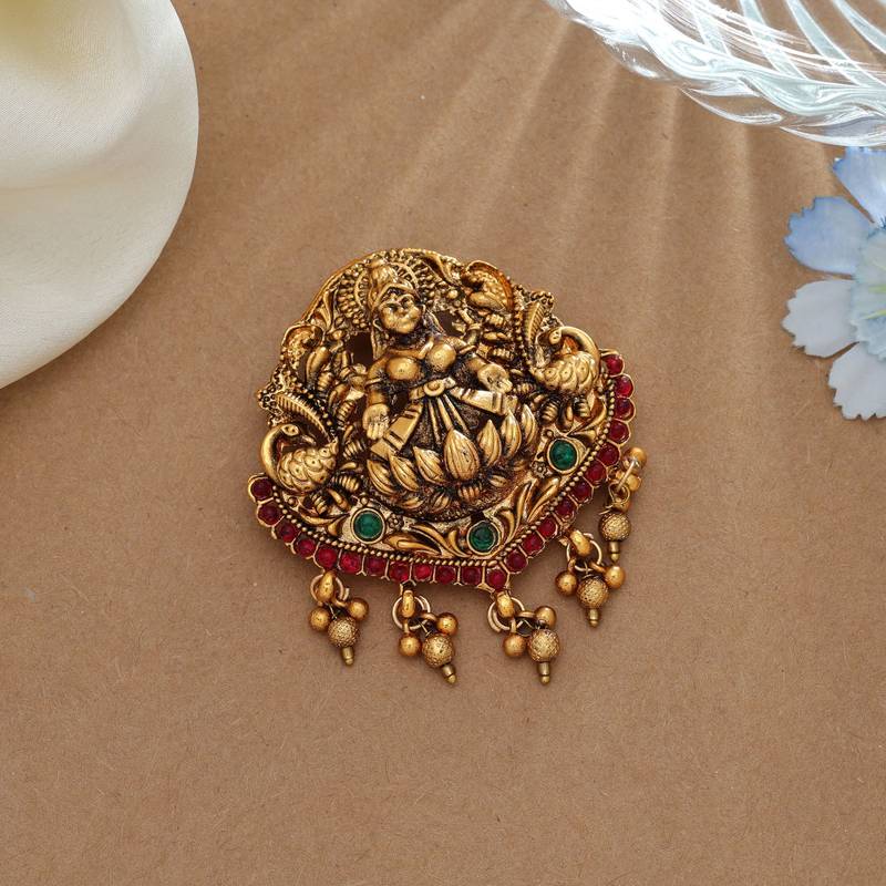 Stylish rani & green color temple hair barrette with antique artwork finish