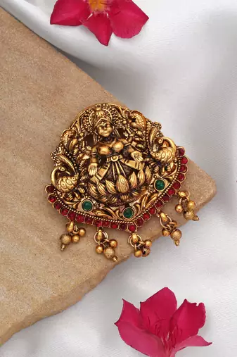 Stylish rani & green color temple hair barrette with antique artwork finish