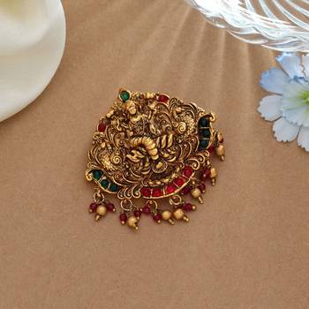 Royal rani & green color temple hair barrette with traditional temple artwork 1