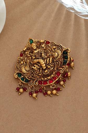 Royal rani & green color temple hair barrette with traditional temple artwork