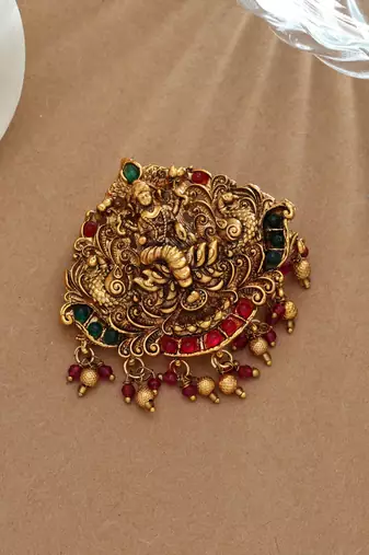 Royal rani & green color temple hair barrette with traditional temple artwork