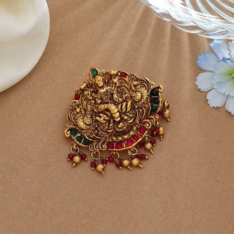 Royal rani & green color temple hair barrette with traditional temple artwork