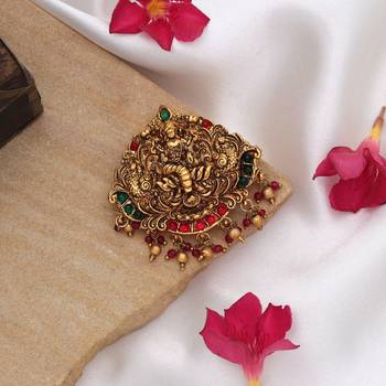Royal rani & green color temple hair barrette with traditional temple artwork 2
