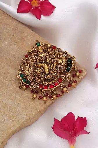Royal rani & green color temple hair barrette with traditional temple artwork